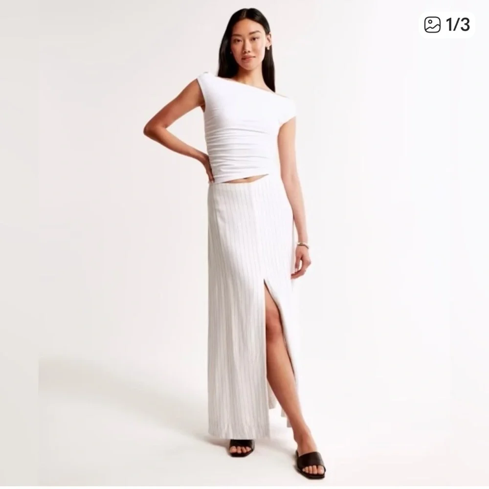 Abercrombie & Fitch Linen Blend Column Pinstripe Maxi Front Slit Skirt, Medium